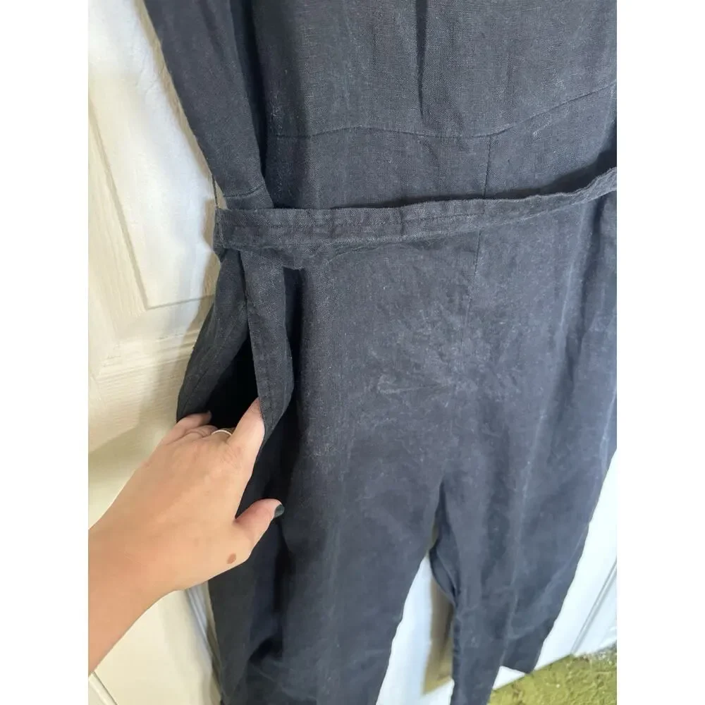 Quince 100% European Linen Square Neck Black Jumpsuit L Belt Pockets Sustainable